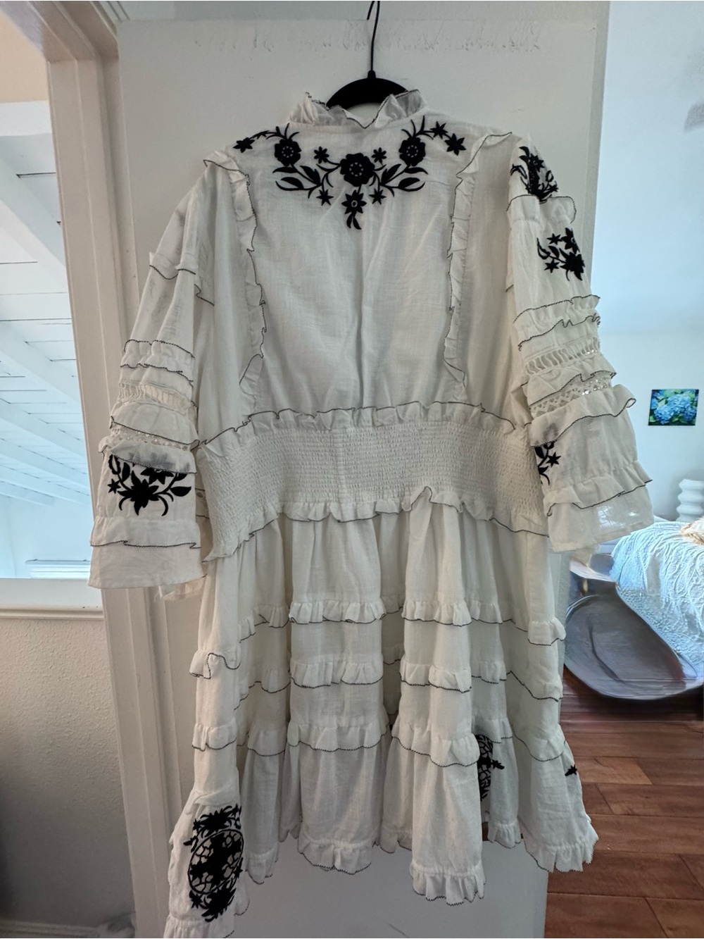 Anthropologie White Mini Dress with Black Floral Embroidery and Ruffled Tiers - Picture 4 of 7